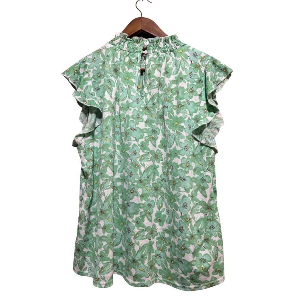 Melloday Smocked Mock Neck Blouse Womens XL Green Floral Flutter Sleeve - Picture 7 of 7